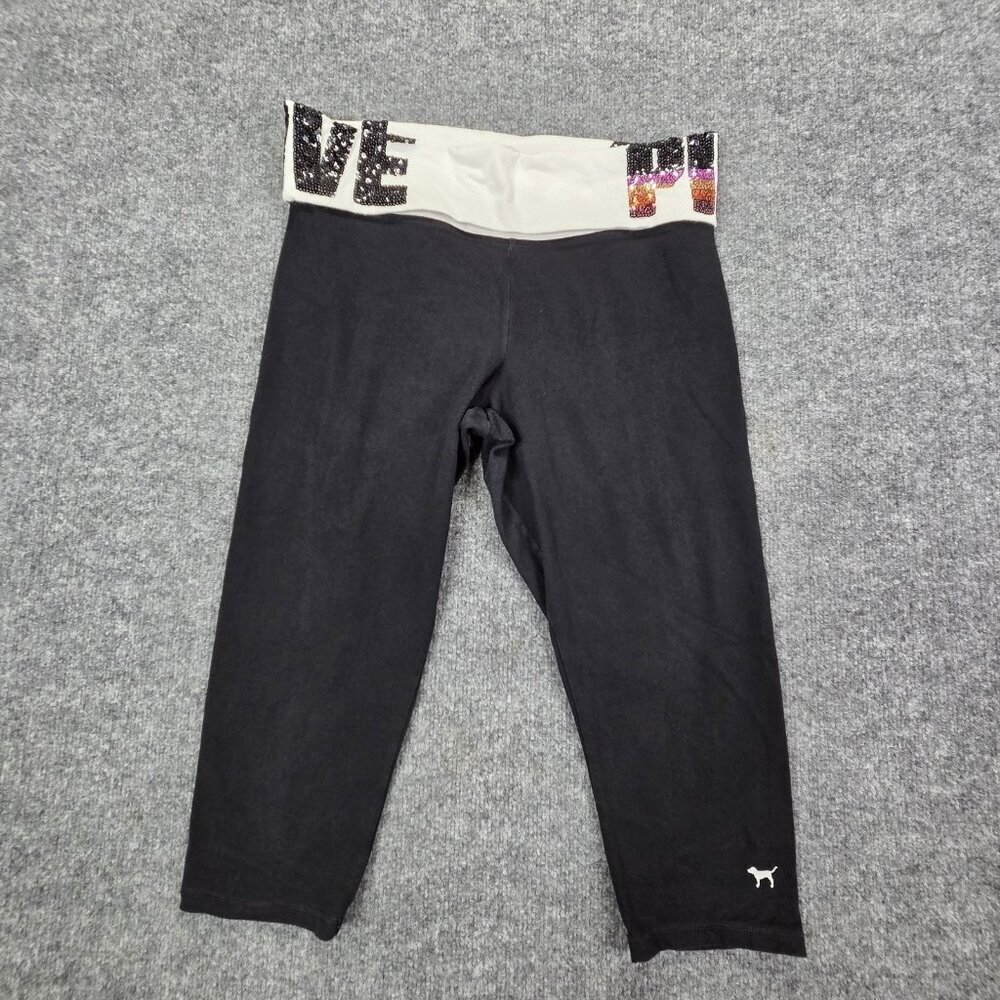 Victoria Secret PINK LOVE‎ Black Yoga Cropped Fold Over Pants Sequins Large Y2k